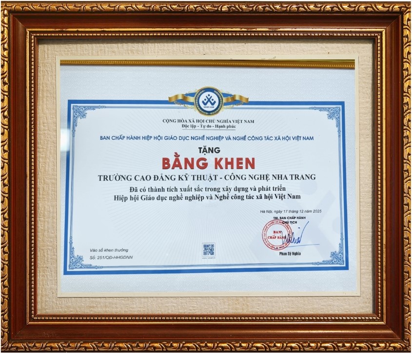 BẰNG KHEN CỦA BCH HIỆP HỘI GIÁO DỤC NGHỀ NGHIỆP VÀ NGHỀ CÔNG TÁC XÃ HỘI VIỆT NAM